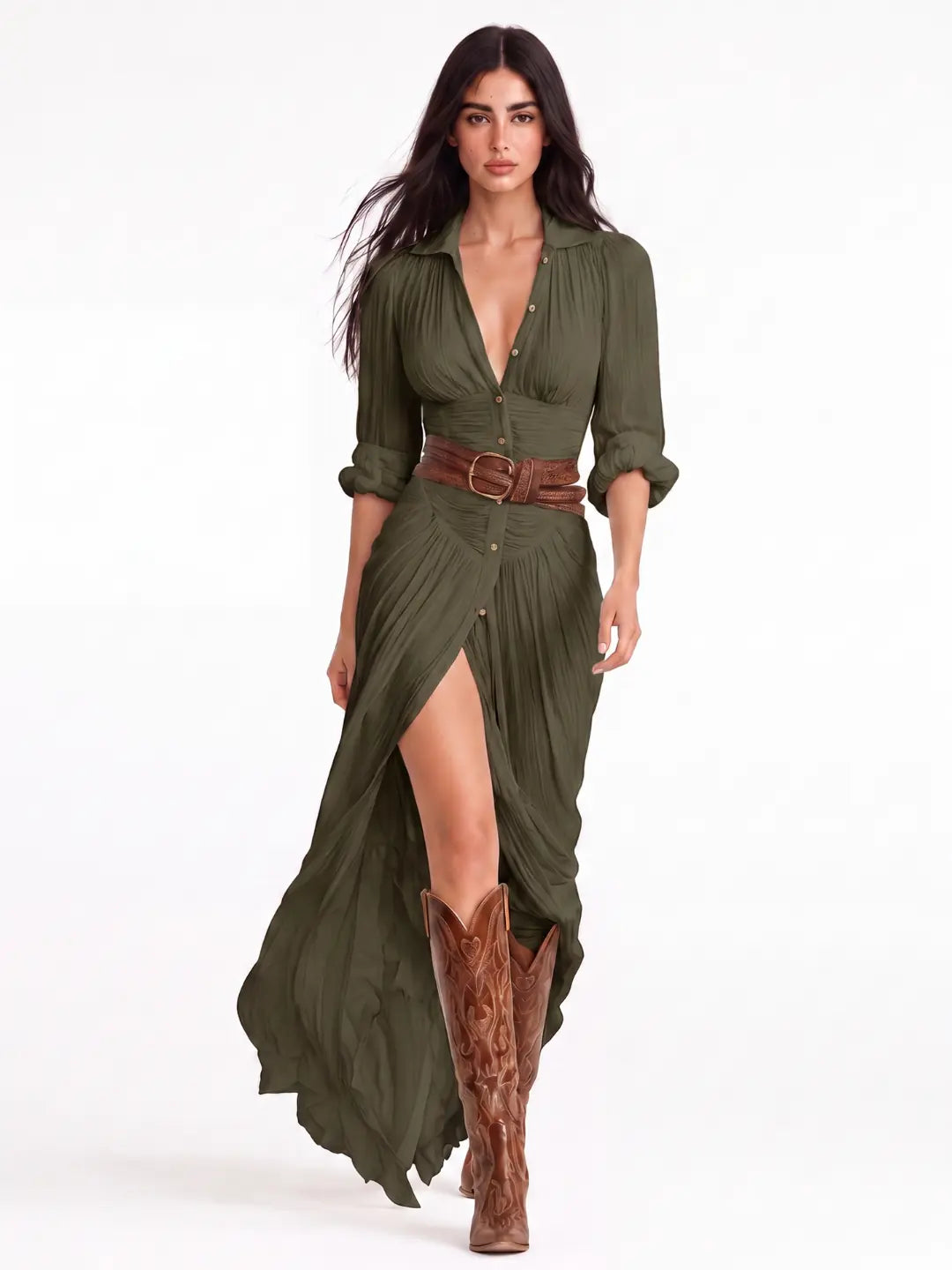Stevie Robe Maxi Bohème Drapée, Boutonnée Devant pour Femme - Vert