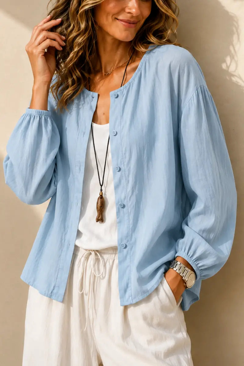 Dorielle Chemise Col Rond Boutonnée, Manches Longues pour Femme - Bleu
