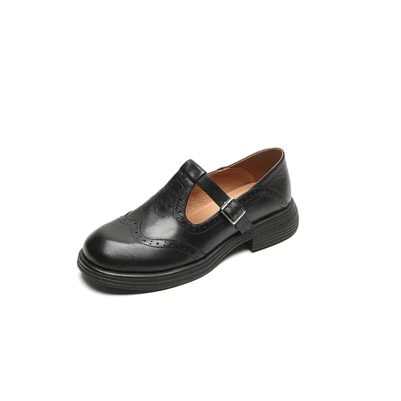 Maribeth Chaussures Mary Jane à Bride, Détails Brogue et Talon Carré pour Femme - Noir