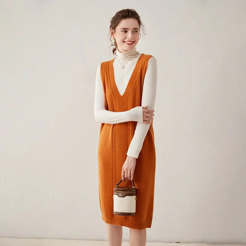 Genevra Robe Midi en Cachemire, Col en V, Maille Torsadée, Sans Manches pour Femme - Orange