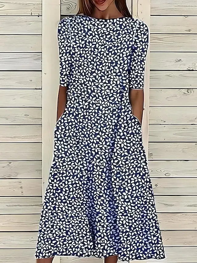 Verlaine Robe Midi Fleurie, Col Rond, Manches Courtes pour Femme - Bleu Foncé