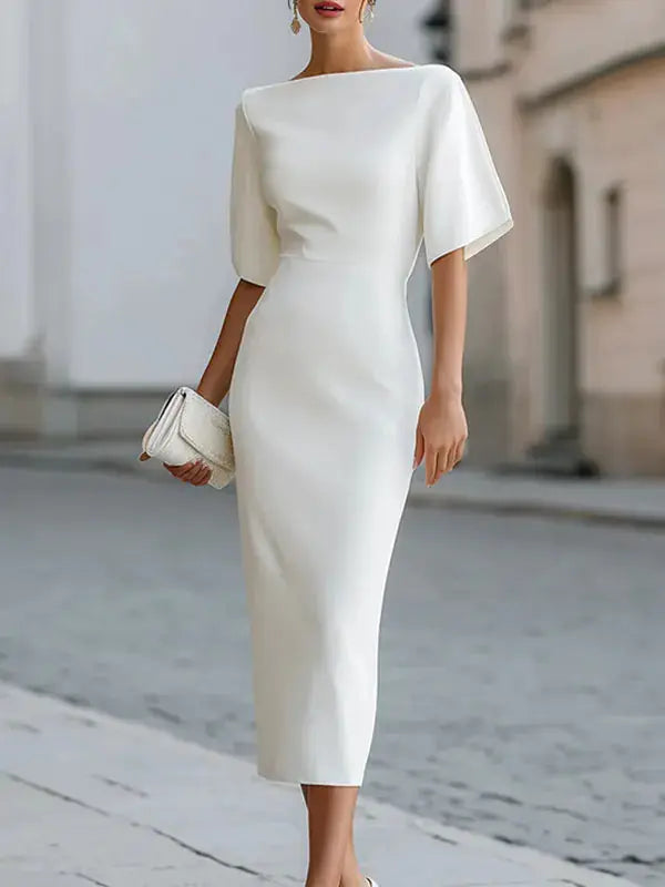 Ambretta Robe Midi Ajustée, Col Bateau, Manches à Volants pour Femme - Blanc
