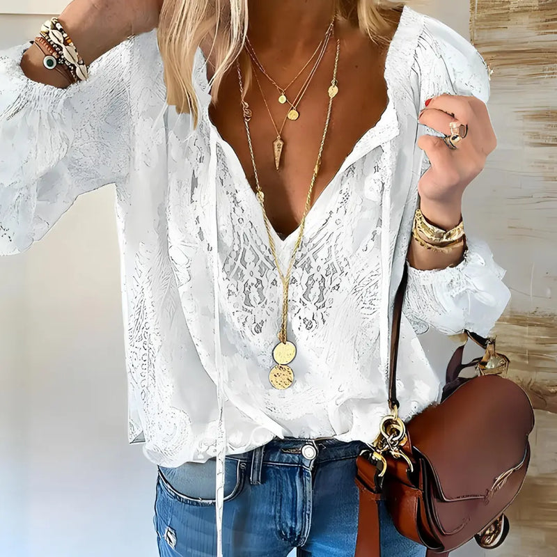 Verda Blouse Bohème en Dentelle, Manches Longues pour Femme - Blanc