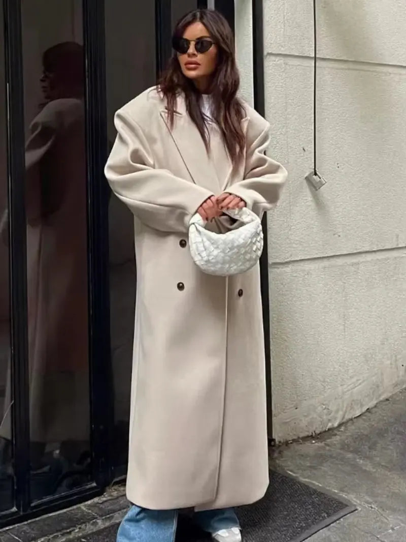 Charter Manteau Maxi en Laine, Col à Revers, Croisé, Manches Longues pour Femme - Beige