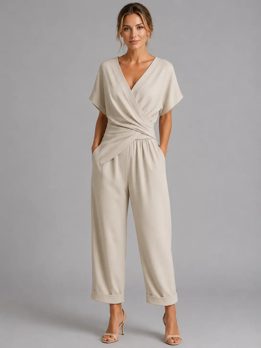 Corinne Ensemble Coordonné Cache-Cœur, Coupe Décontractée d'Été pour Femme - Abricot