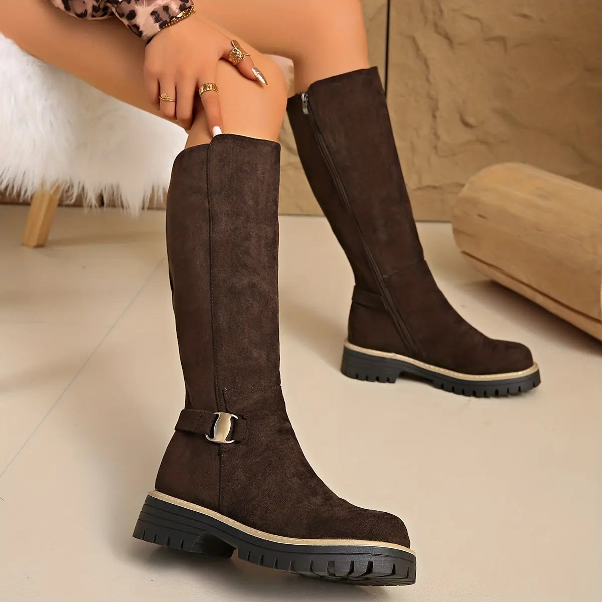 Lainie Bottes Montantes à Boucle, Semelle Crantée, Talon Carré pour Femme - Café
