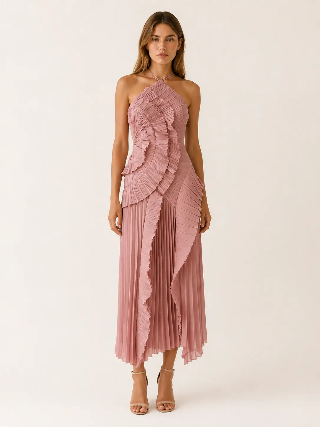 Noor Robe Maxi Col Halter, Volants Plissés, Ourlet Asymétrique, Style Fête, Rose pour Femme - Rose