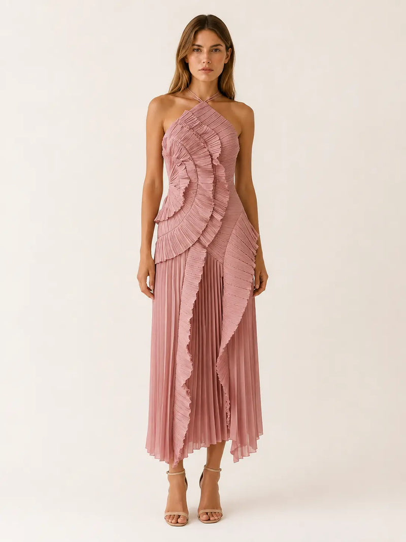 Noor Robe Maxi Col Halter, Volants Plissés, Ourlet Asymétrique, Style Fête, Rose pour Femme - Rose