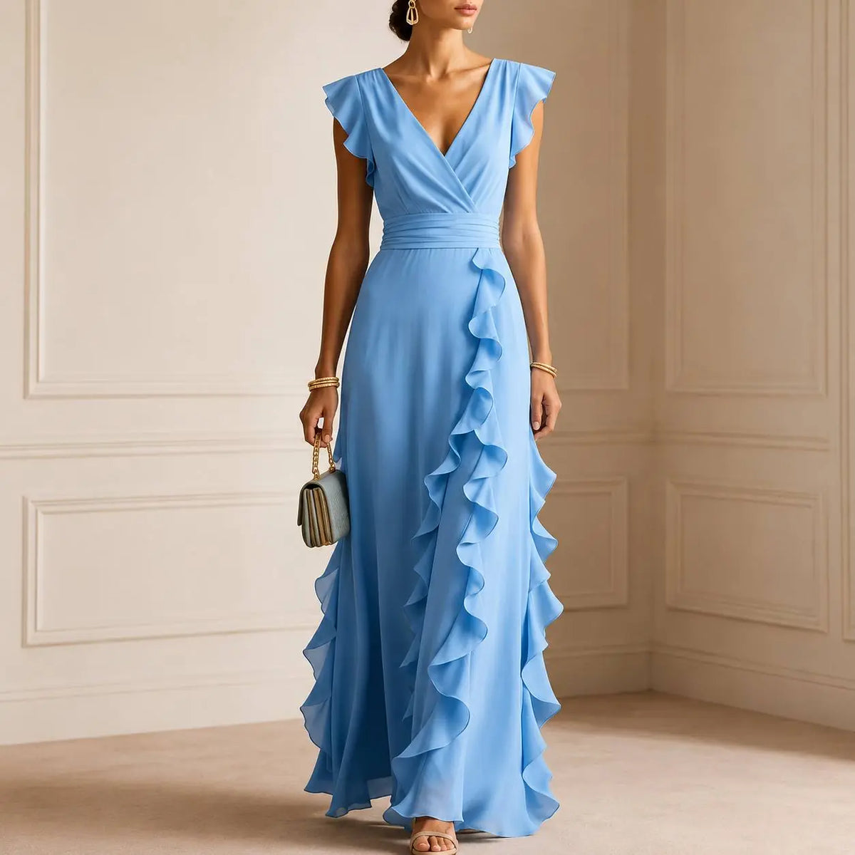 Marchen Robe Maxi Élégante à Volants pour Femme - Bleu