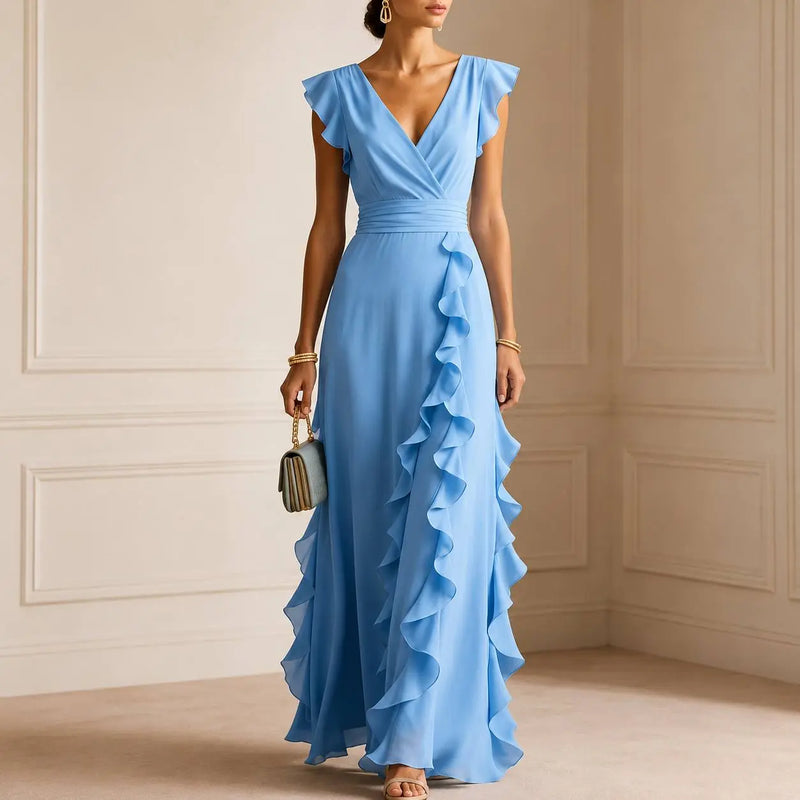 Marchen Robe Maxi Élégante à Volants pour Femme - Bleu