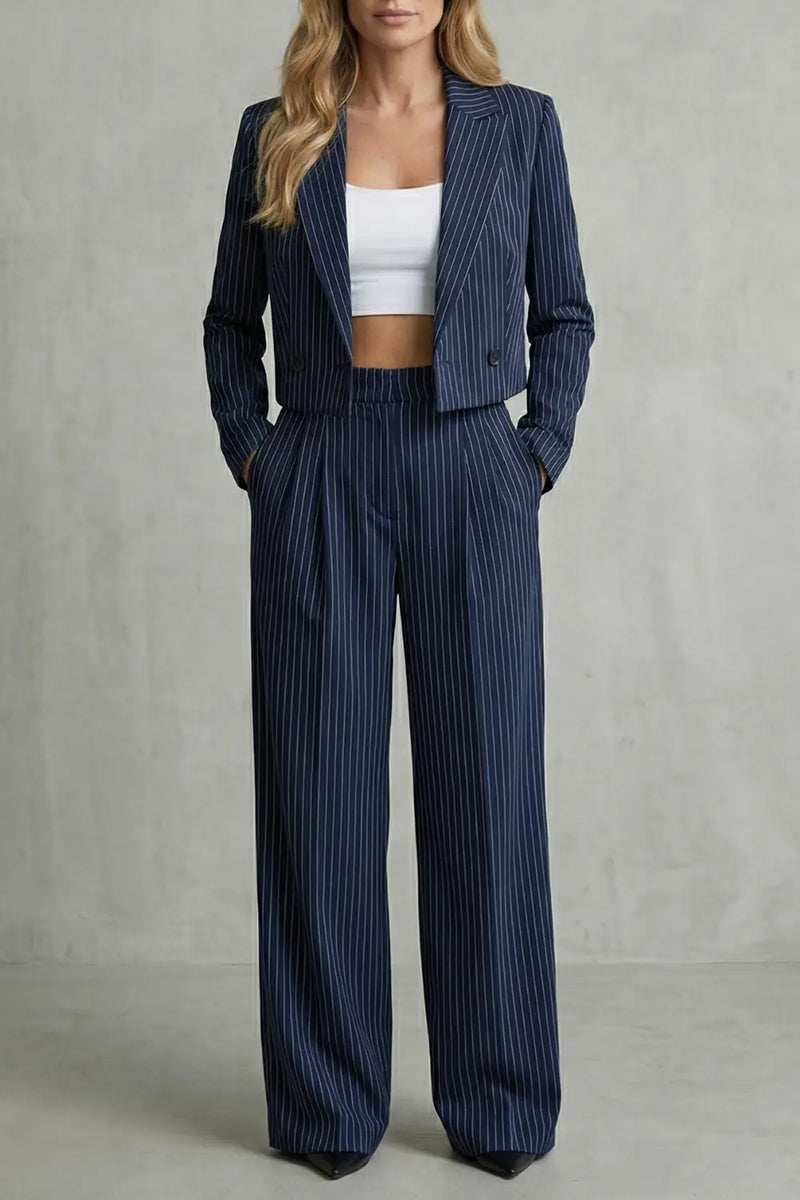 Adeline Tailleur Deux Pièces à Fines Rayures, Blazer Court et Pantalon Large pour Femme - Bleu