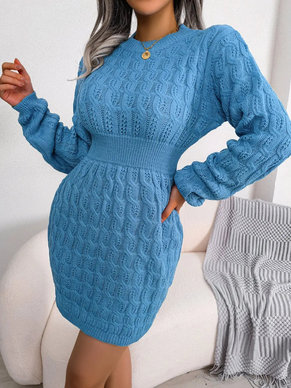 Briar Robe Mini en Maille Torsadée, Manches Longues pour Femme - Bleu
