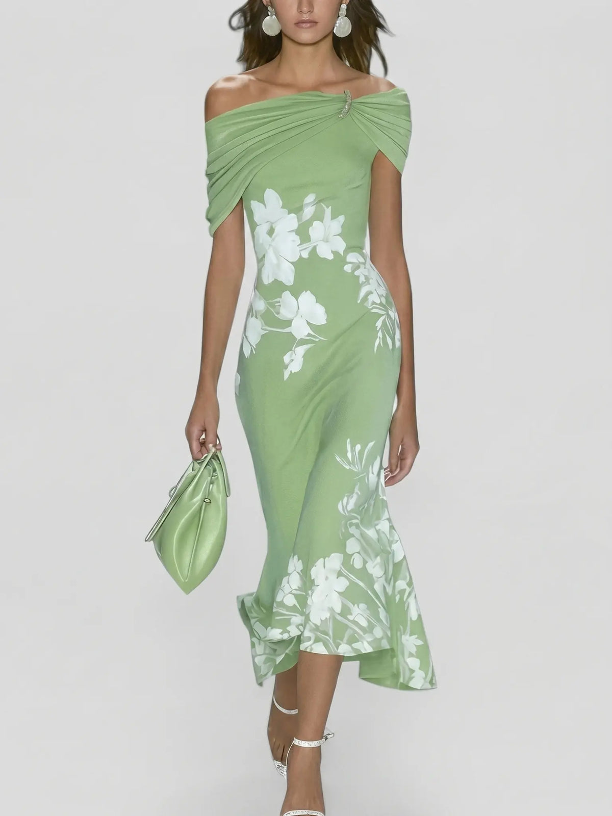 Talia Robe Midi Fleurie Élégante, Épaules Dénudées, Coupe Ajustée pour Femme - Vert