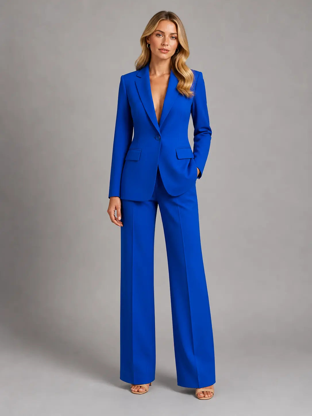 Harlow Tailleur Blazer Ajusté et Pantalon Large, Style Habillé pour Femme - Bleu