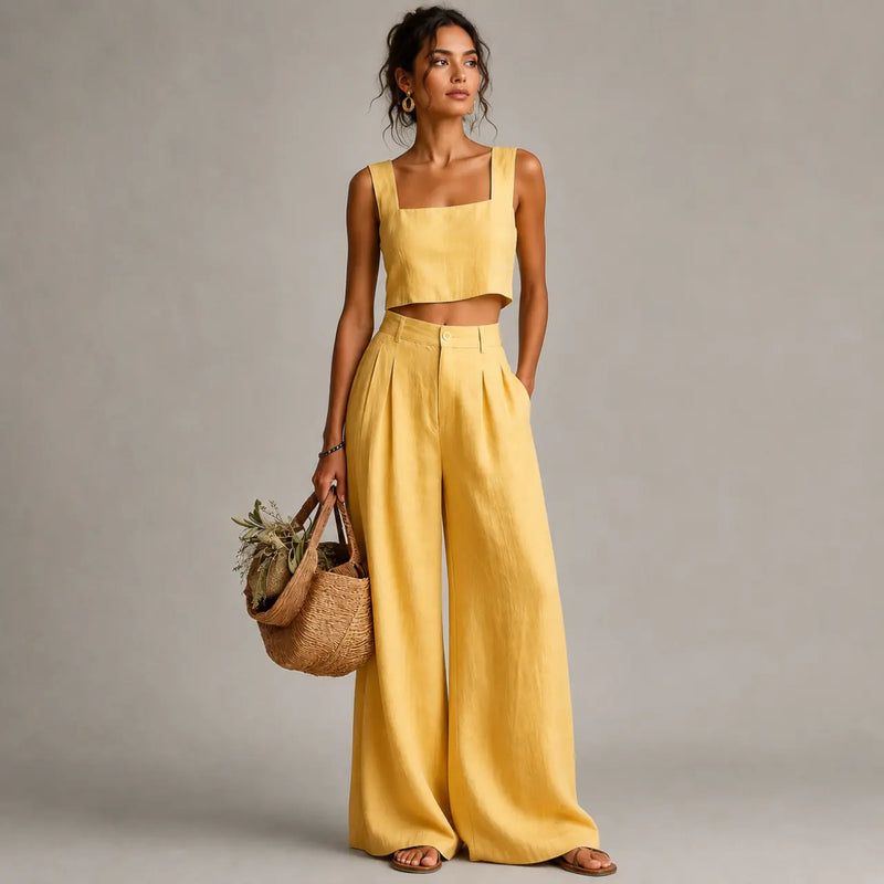 Bea Ensemble Deux Pièces Col Carré, Pantalon Palazzo pour Femme - Jaune