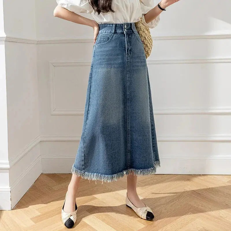 Giulia Jupe Midi Trapèze en Denim pour Femme - Bleu