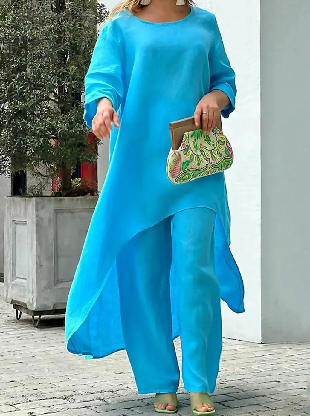 Rosamund Ensemble Deux Pièces Décontracté, Manches Longues, Ourlet Asymétrique pour Femme - Bleu