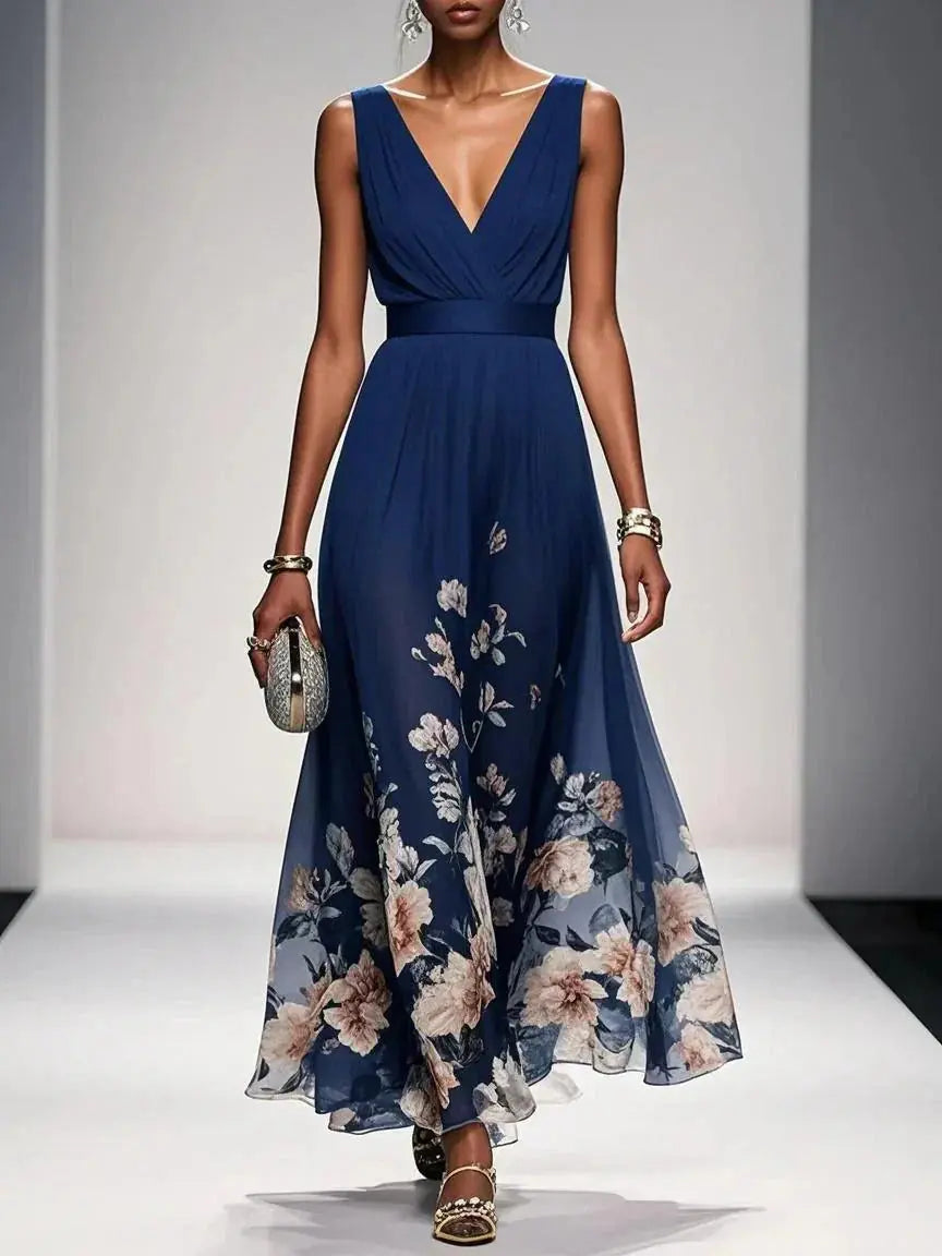 Camille Robe Maxi Fleurie Col en V, Élégante Invitée de Mariage pour Femme - Bleu Marine