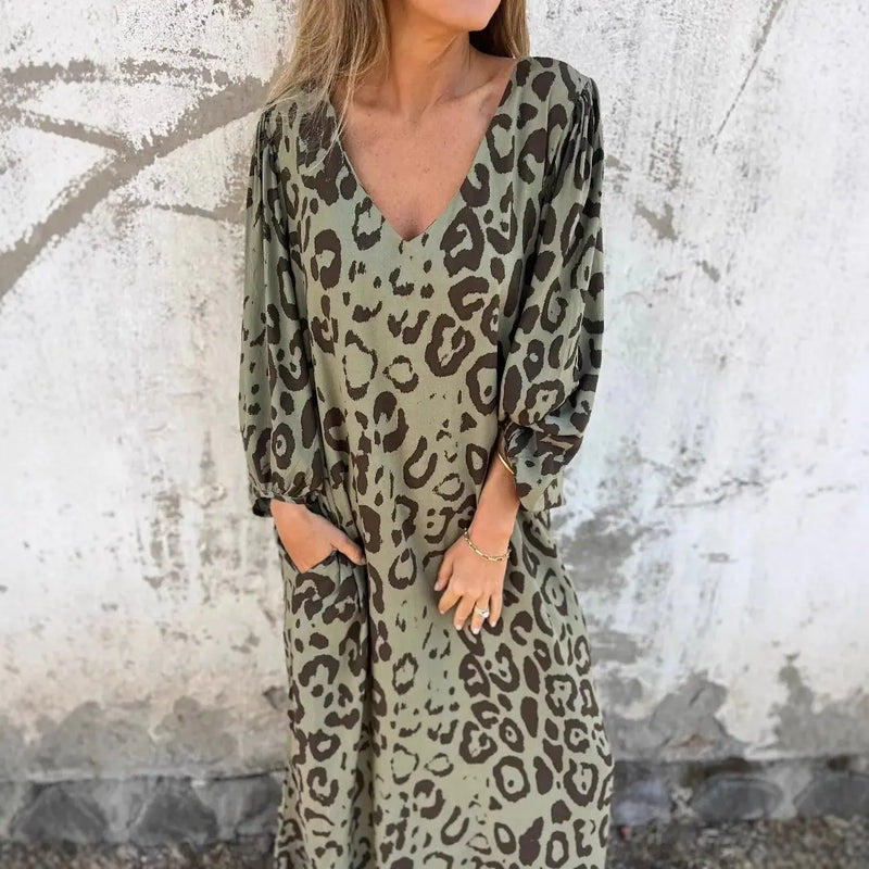 Veldris Robe Midi à Imprimé Léopard pour Femme - Vert