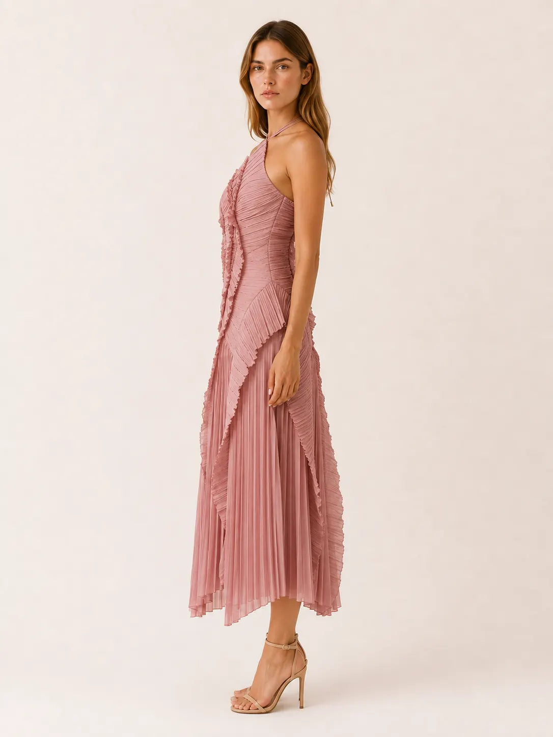 Noor Robe Maxi Col Halter, Volants Plissés, Ourlet Asymétrique, Style Fête, Rose pour Femme - Rose