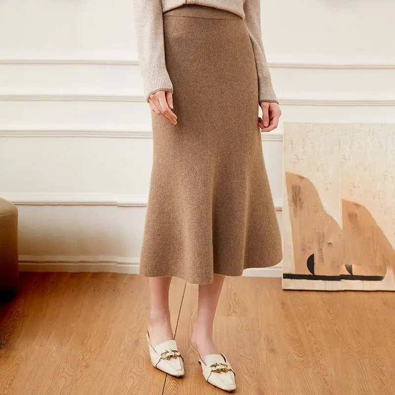 Marcelline Jupe Midi Évasée en Maille de Cachemire pour Femme - Taupe