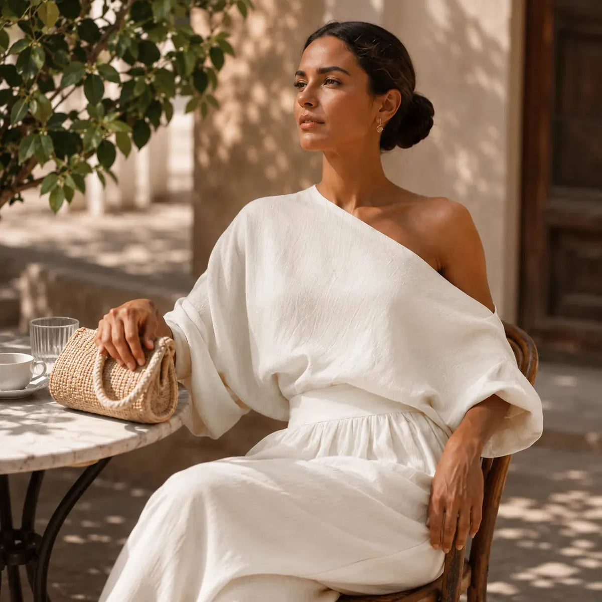 Solendra Ensemble Coordonné Haut Asymétrique et Pantalon Large Fluide pour Femme - Ivoire