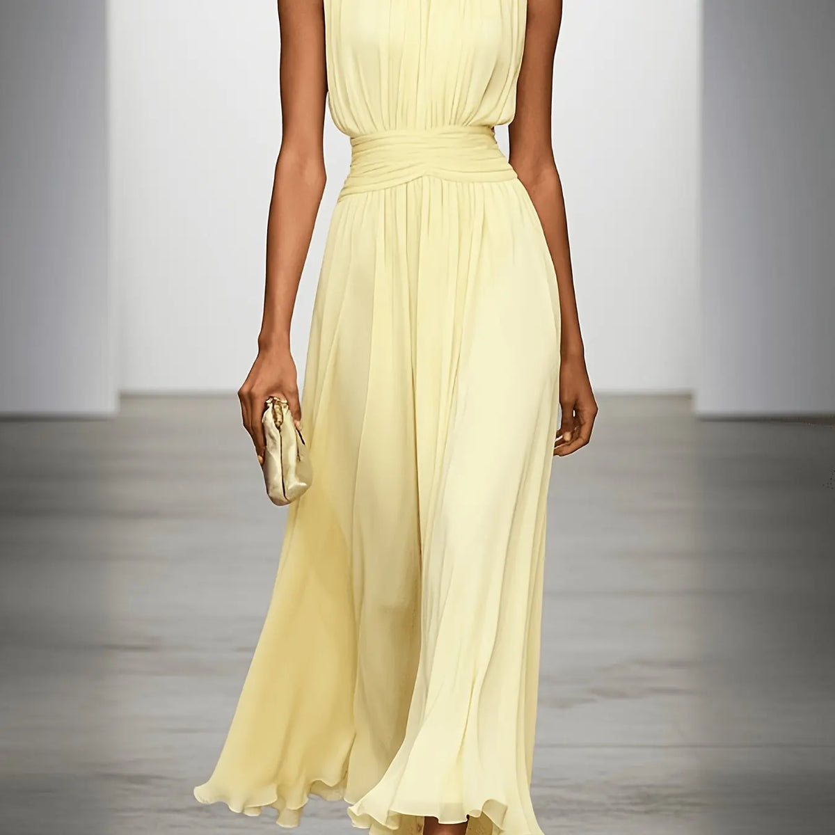 Arabella Robe Maxi Plissée Invitée de Mariage, Taille Froncée pour Femme - Jaune