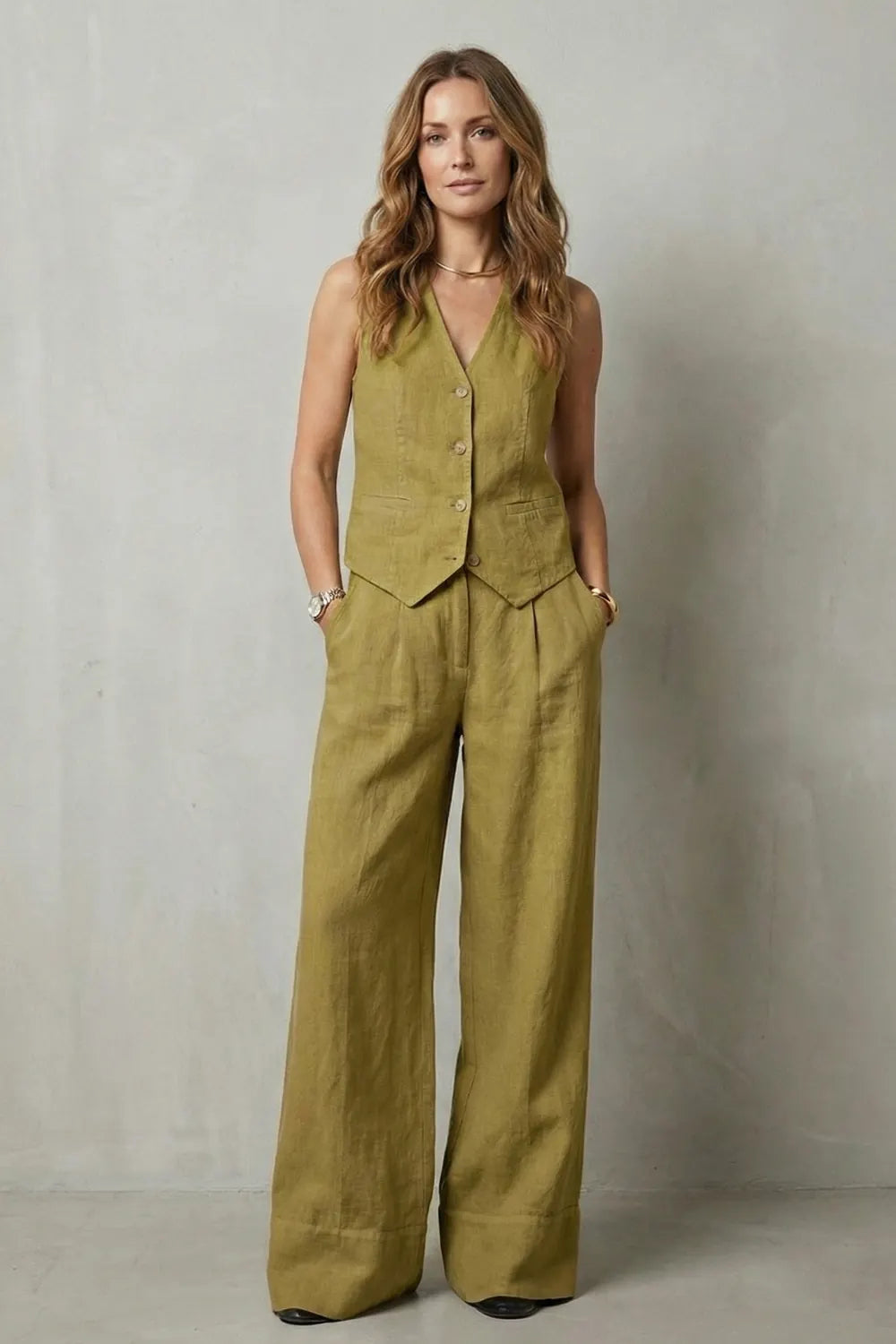 Fiora Ensemble Gilet et Pantalon Large, Col en V, Boutonné Devant, Coupe Ajustée pour Femme - Olive