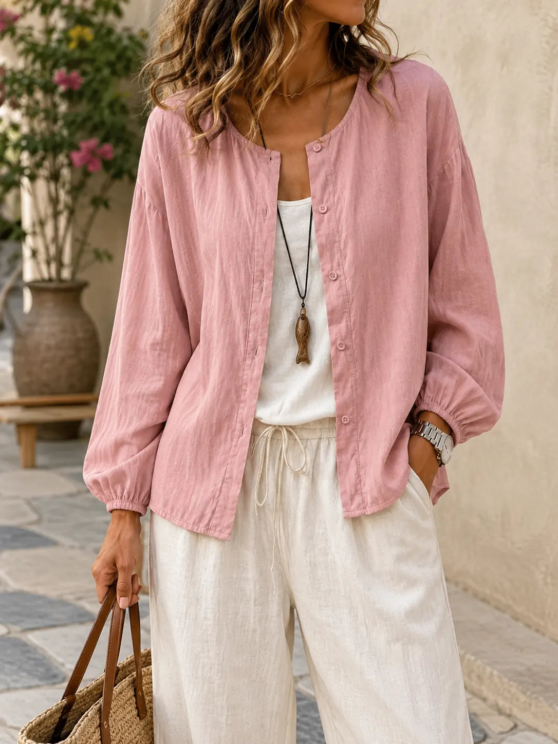 Dorielle Chemise Col Rond Boutonnée, Manches Longues pour Femme - Rose