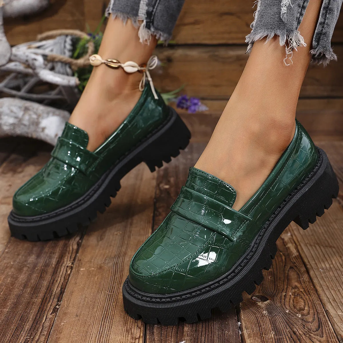 Celandine Mocassins à Bride Embossée, Semelle Crantée pour Femme - Vert