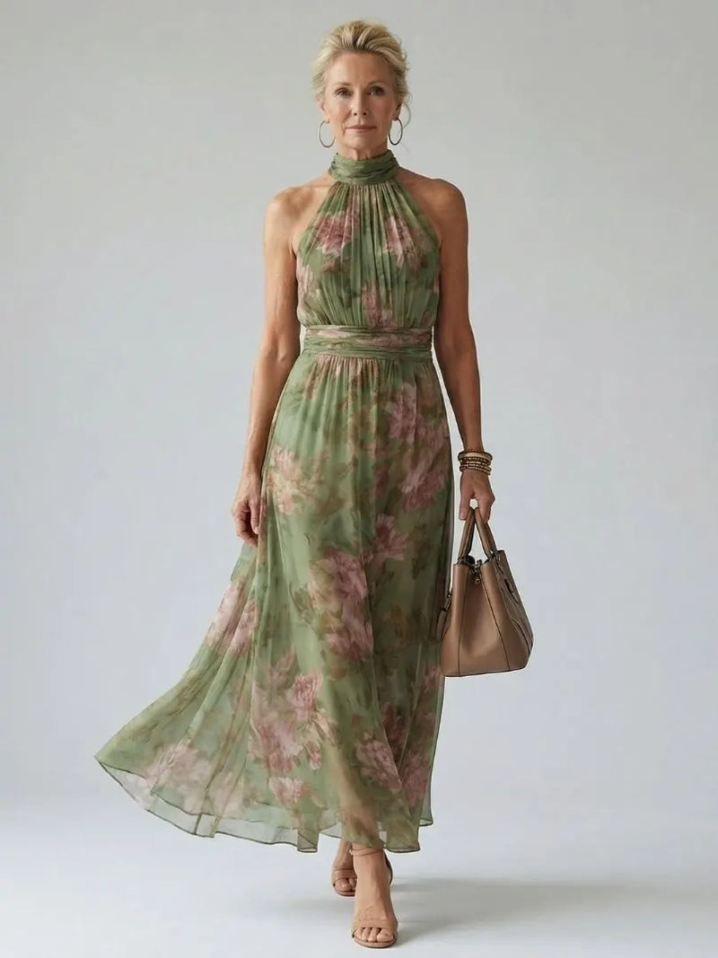 Taliesin Robe Midi Col Halter Fleurie, Style Garden Party d'Été pour Femme - Vert Sauge