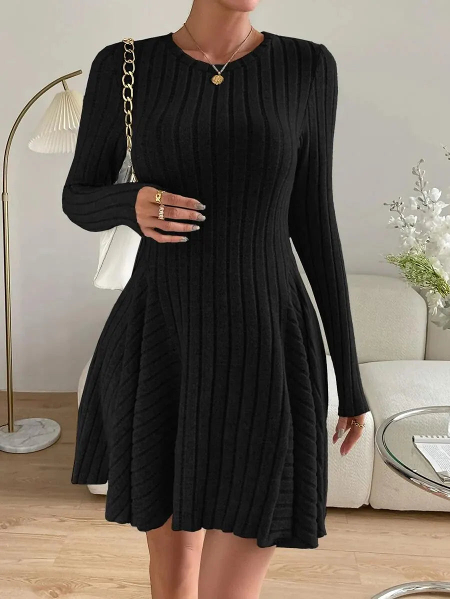 Salome Robe Mini Col Rond, Manches Longues, Détail Côtelé, Style Dîner pour Femme - Noir