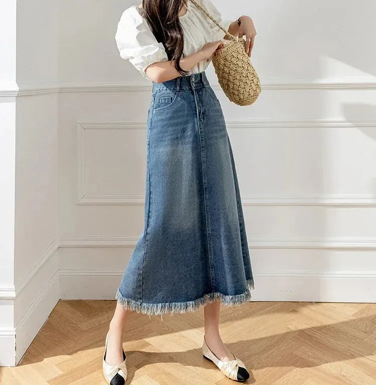 Giulia Jupe Midi Trapèze en Denim pour Femme - Bleu