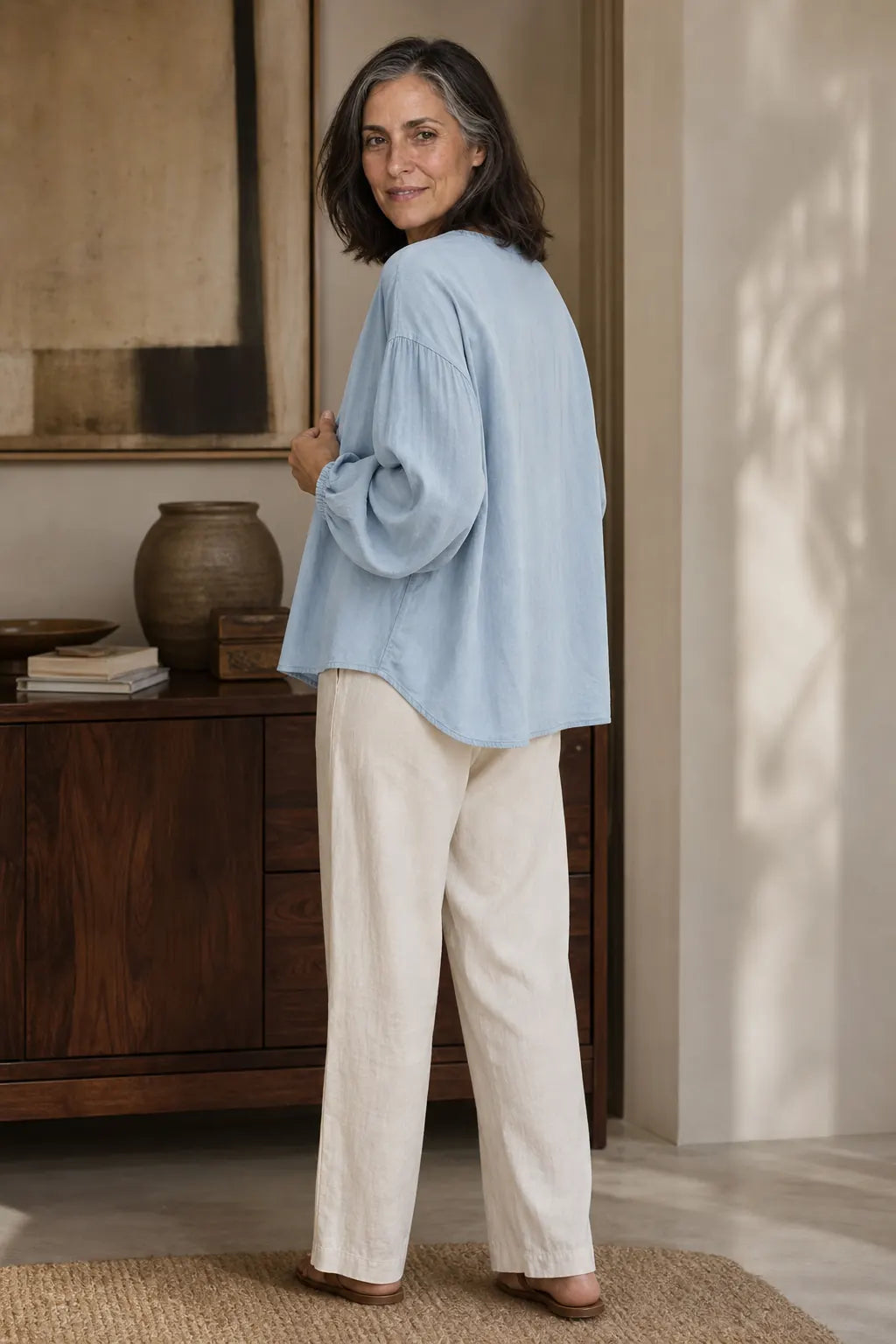 Dorielle Chemise Col Rond Boutonnée, Manches Longues pour Femme - Bleu
