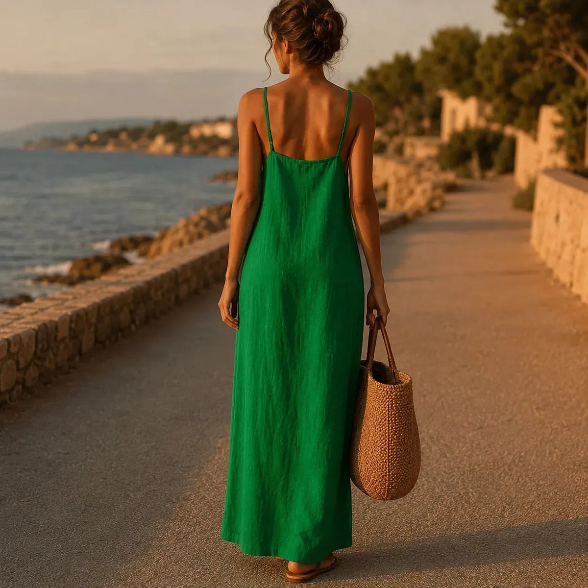 Marelle Robe Maxi Fluide Effet Lin pour Femme - Émeraude