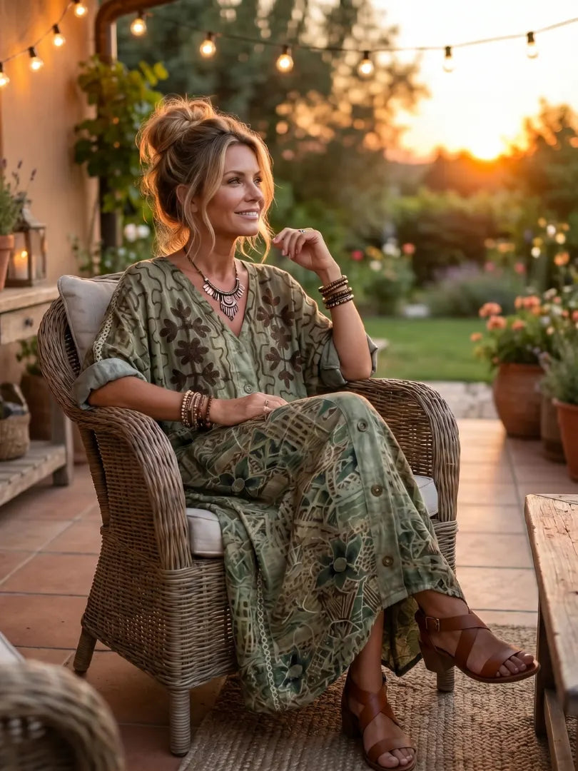 Elodine Robe Midi Bohème Brodée à Poches, Coupe Décontractée, Vert pour Femme - Vert
