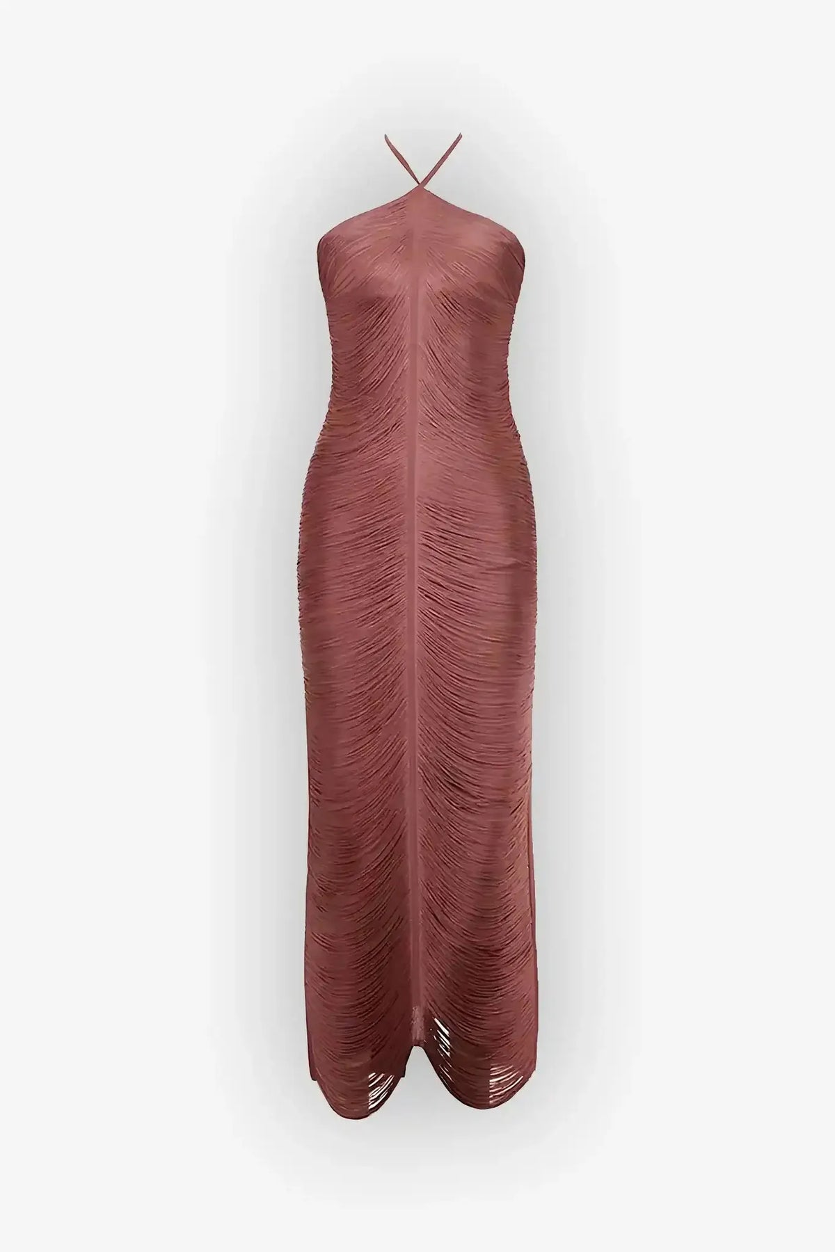 Rose Robe Maxi Dorée Col Halter à Franges pour Femme - Rouge Corail
