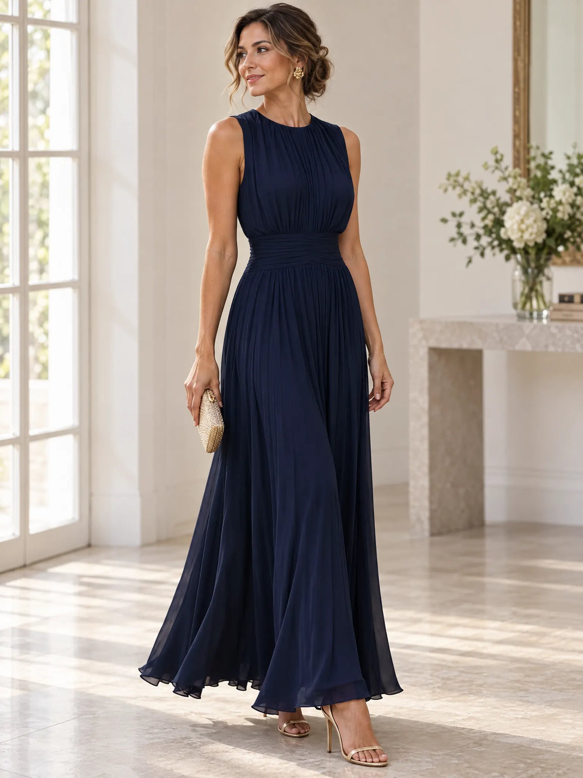 Arabella Robe Maxi Plissée Invitée de Mariage, Taille Froncée pour Femme - Bleu Foncé