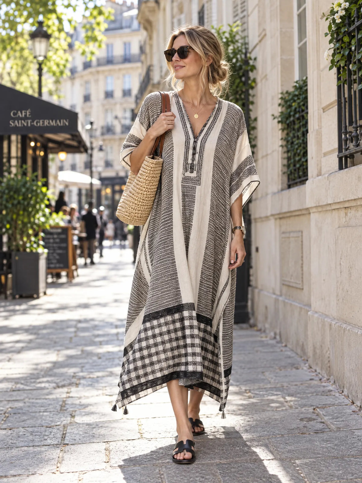 Arden Robe Kaftan à Imprimé Fleuri, Col en V pour Femme - Beige et Noir