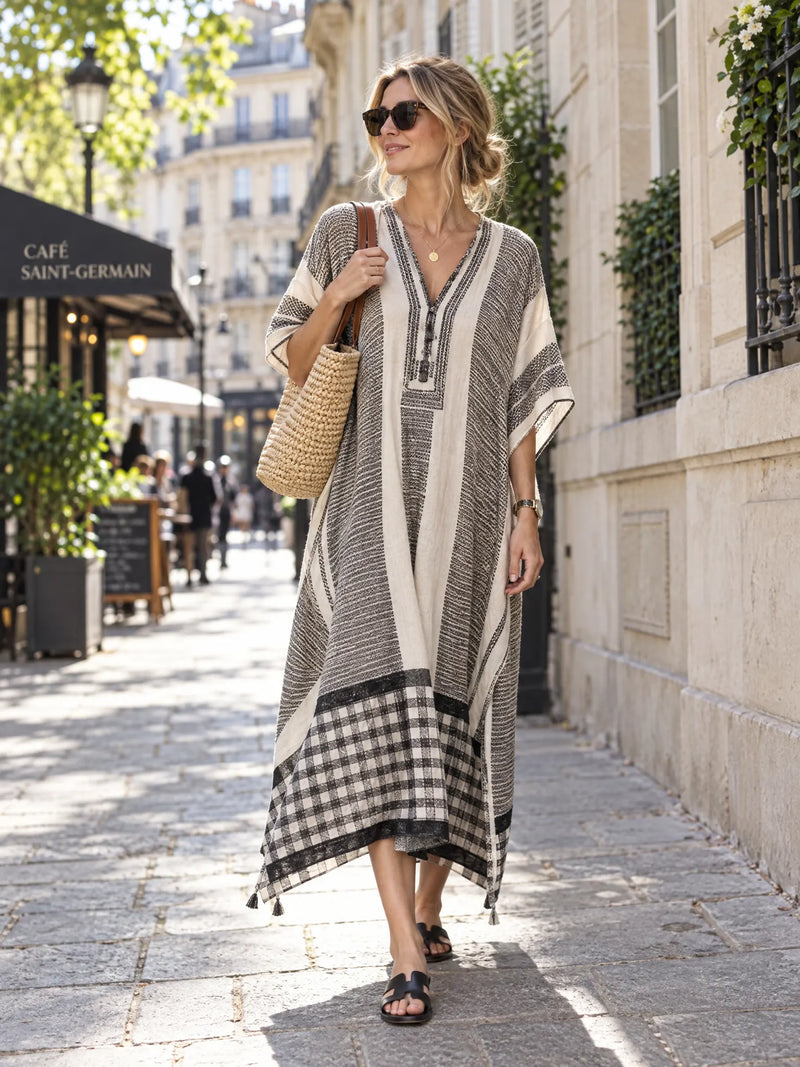 Arden Robe Kaftan à Imprimé Fleuri, Col en V pour Femme - Beige et Noir