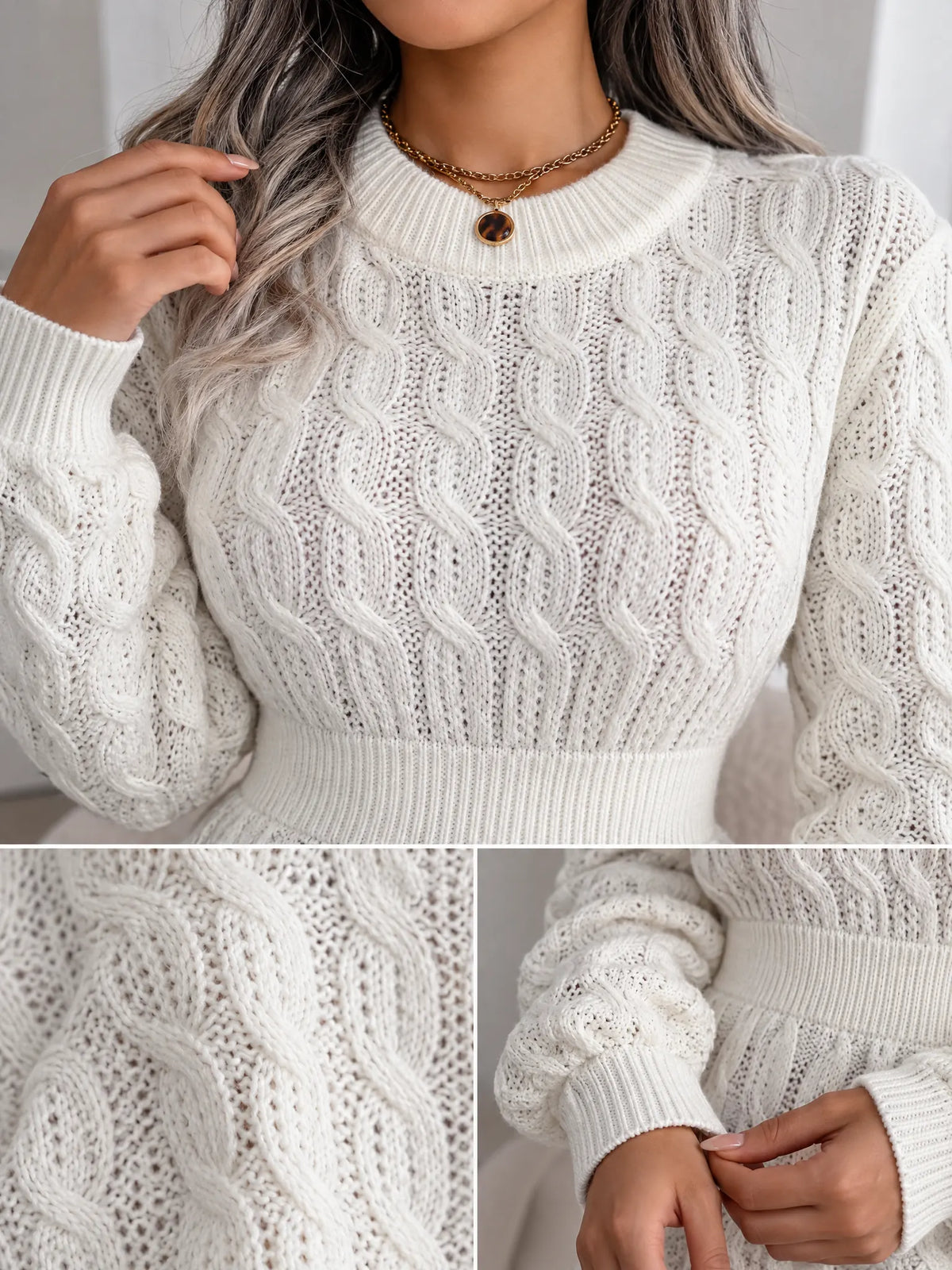 Briar Robe Mini en Maille Torsadée, Manches Longues pour Femme - Blanc