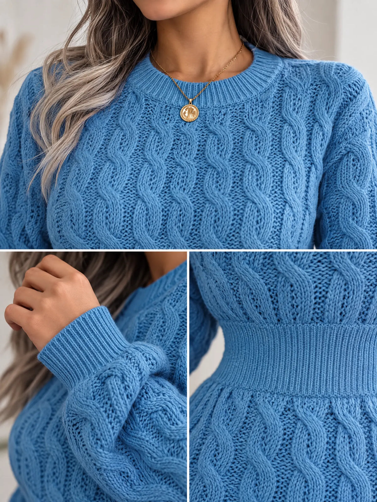 Briar Robe Mini en Maille Torsadée, Manches Longues pour Femme - Bleu