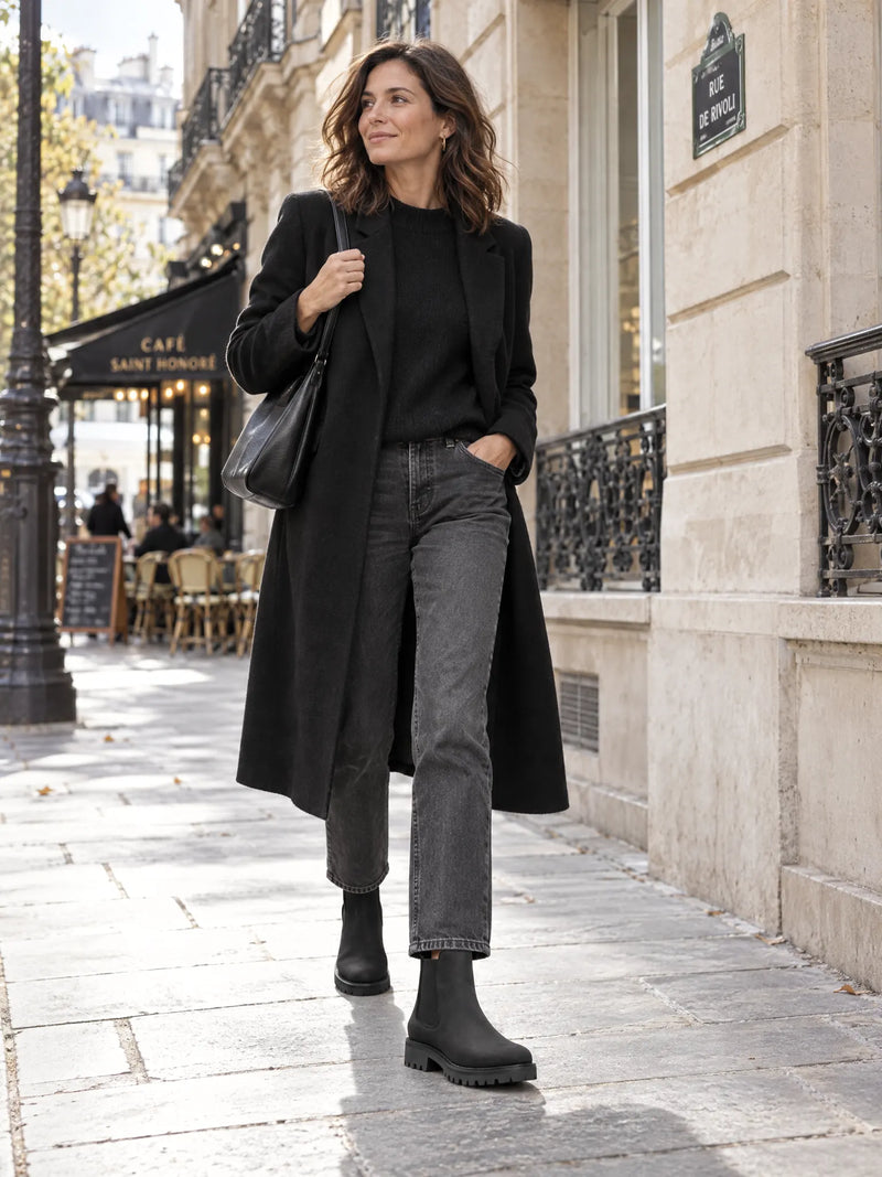 Calanthe Bottines Chelsea Effet Daim, Semelle Crantée Épaisse pour Femme - Noir