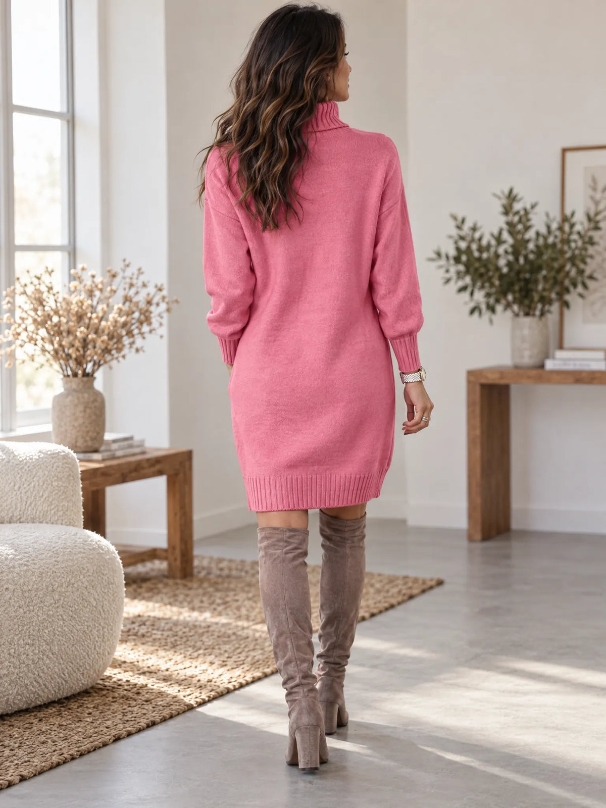 Isla Robe Pull Col Roulé, Douce et Élégante pour la Saison pour Femme - Rose