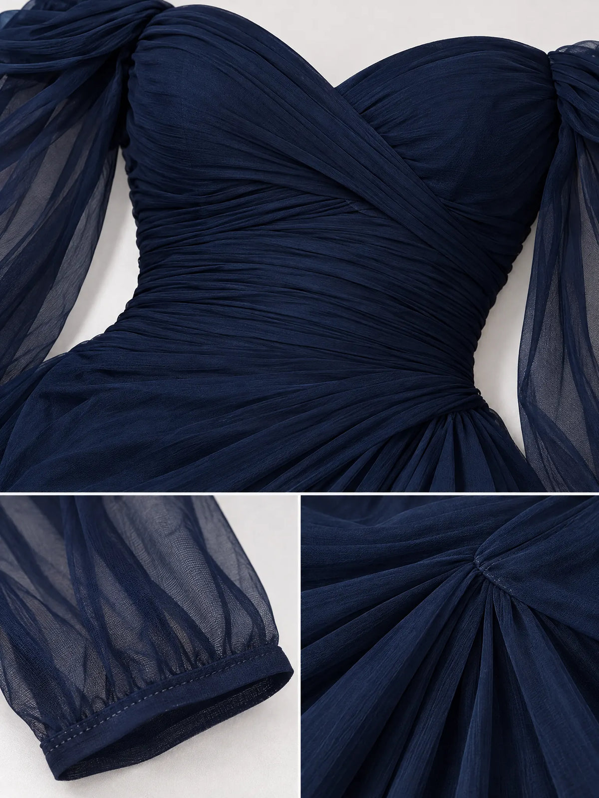 Ivette Robe de Soirée Maxi en Mousseline, Épaules Dénudées, Manches Longues, Décolleté Cœur pour Femme - Bleu Foncé