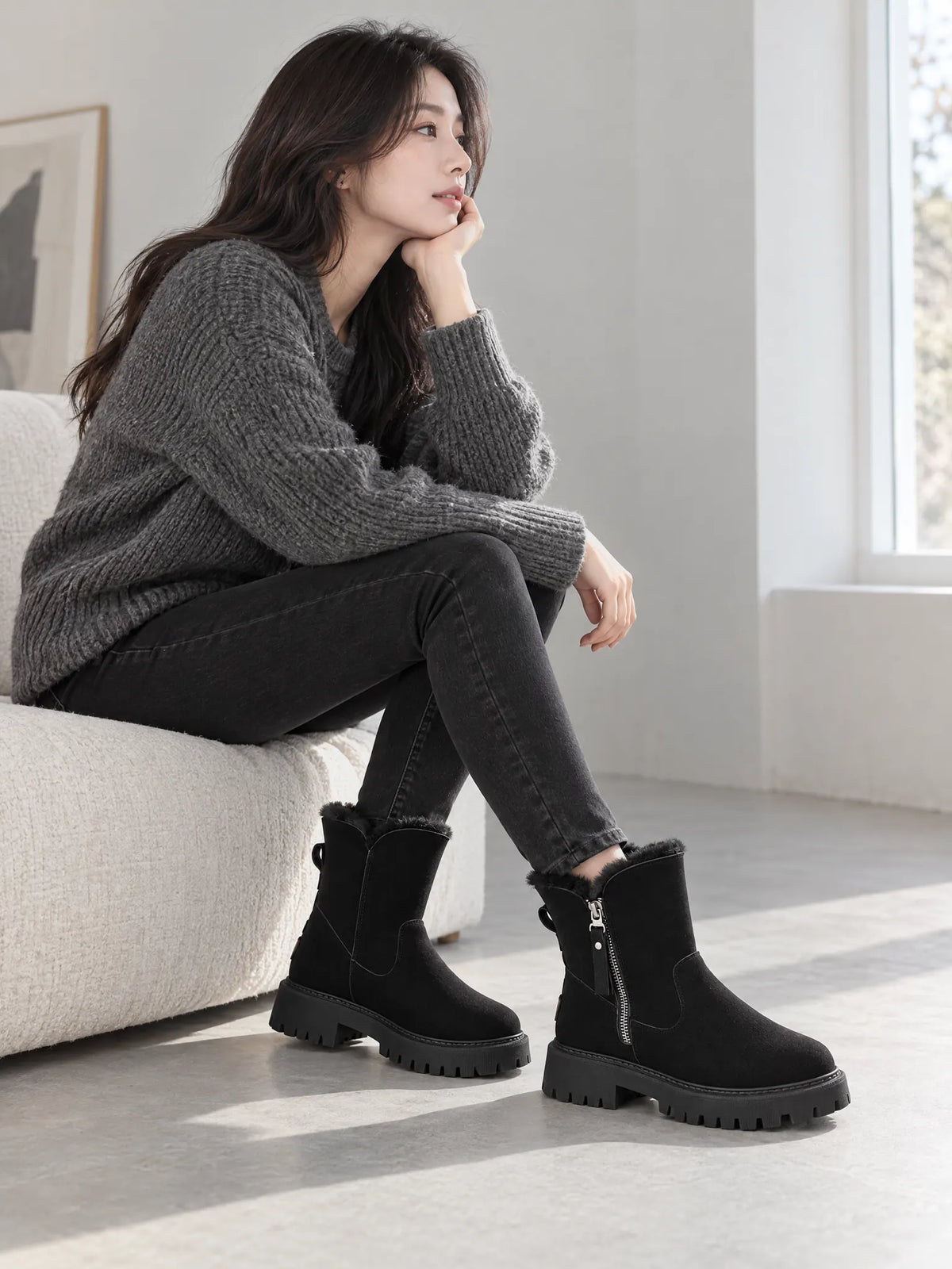Marchetta Bottines d'Hiver Doublées Fausse Fourrure, Zip Latéral, Semelle Crantée pour Femme - Noir