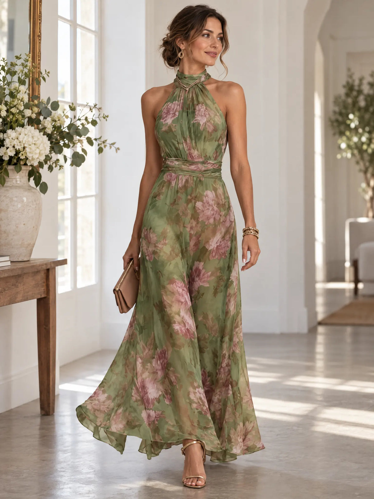 Solene Robe Maxi à Imprimé Fleuri, Idéale Invitée de Mariage pour Femme - Vert Sauge